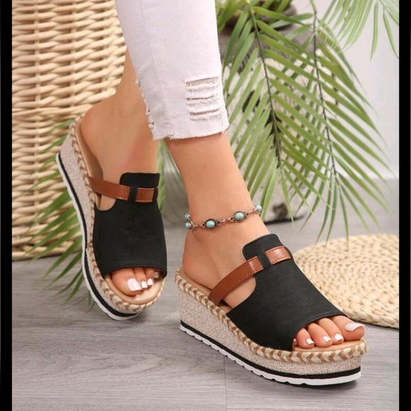 Shoes - Stylish Black and Brown Wedge Sandals